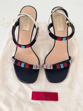Valentino Black Beaded Strap Sandals with Red & Turquoise Accents